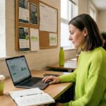 Businesswoman reviewing AI analytics at shared desk
