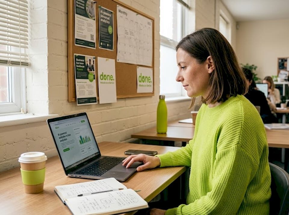 Businesswoman reviewing AI analytics at shared desk