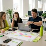 Business team planning content calendar together