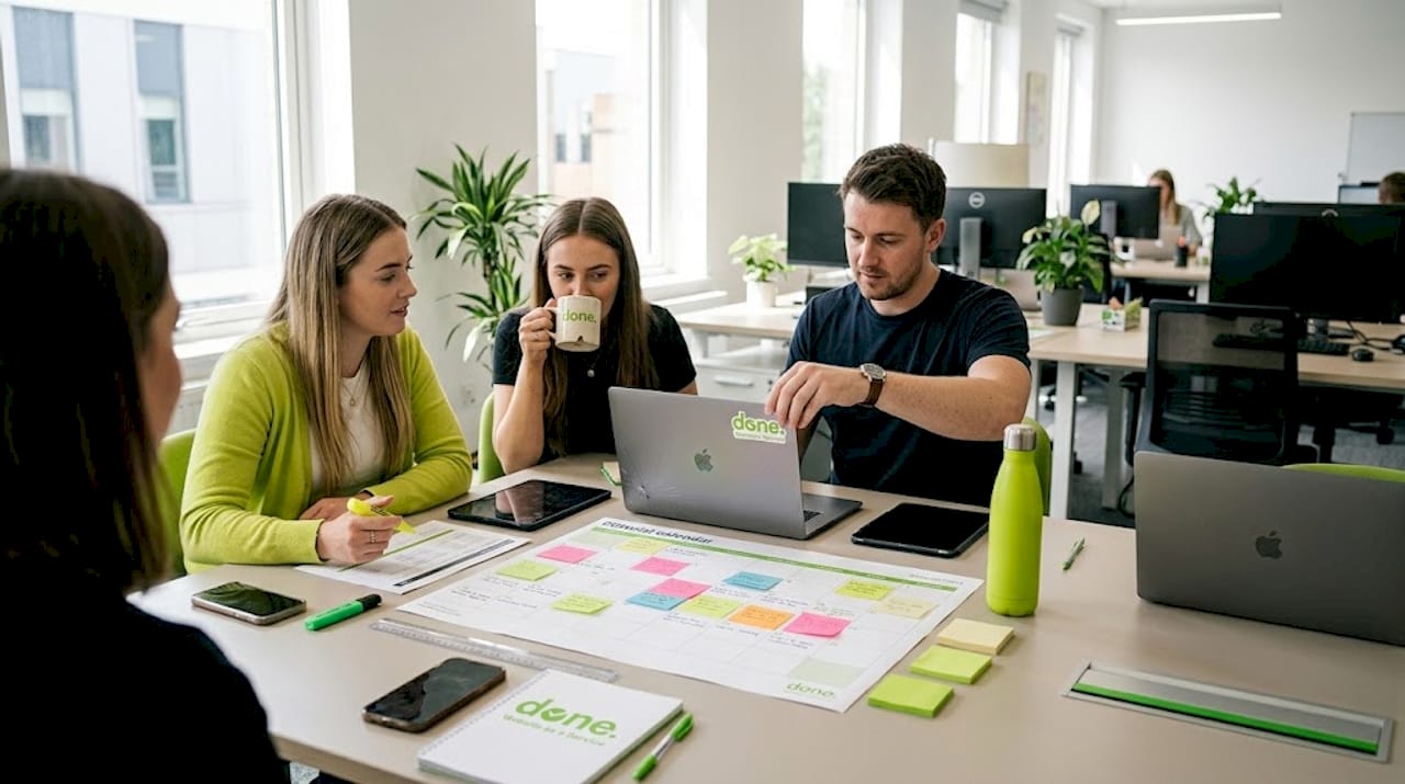 Business team planning content calendar together