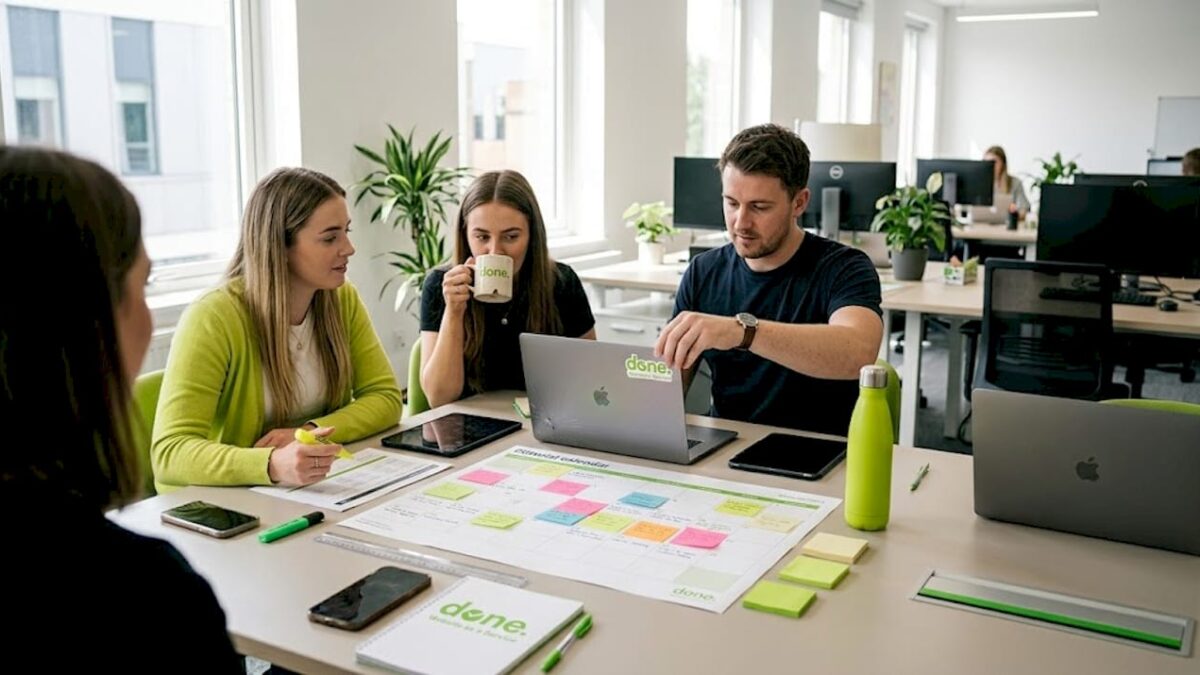 Business team planning content calendar together