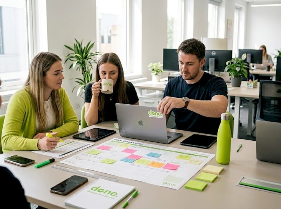 Business team planning content calendar together