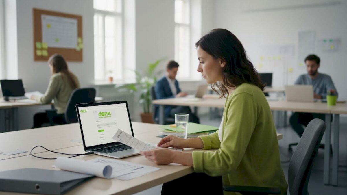 Woman reviews invoices in SME office setting