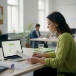 Woman reviews invoices in SME office setting