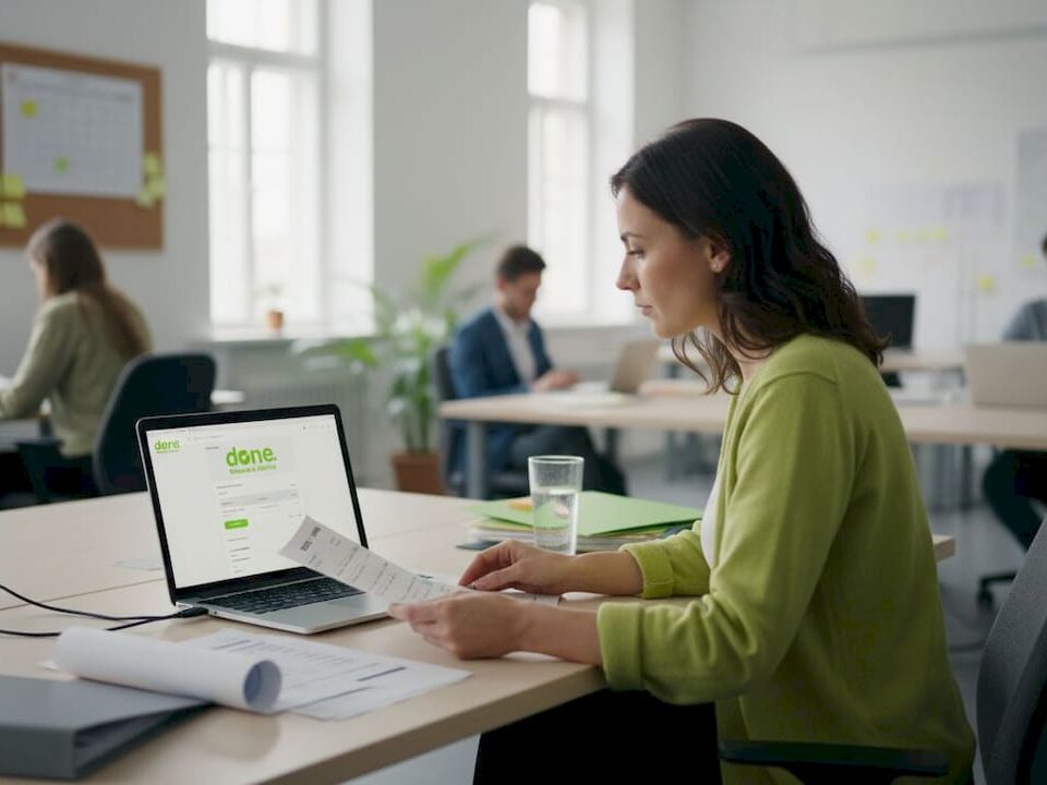 Woman reviews invoices in SME office setting