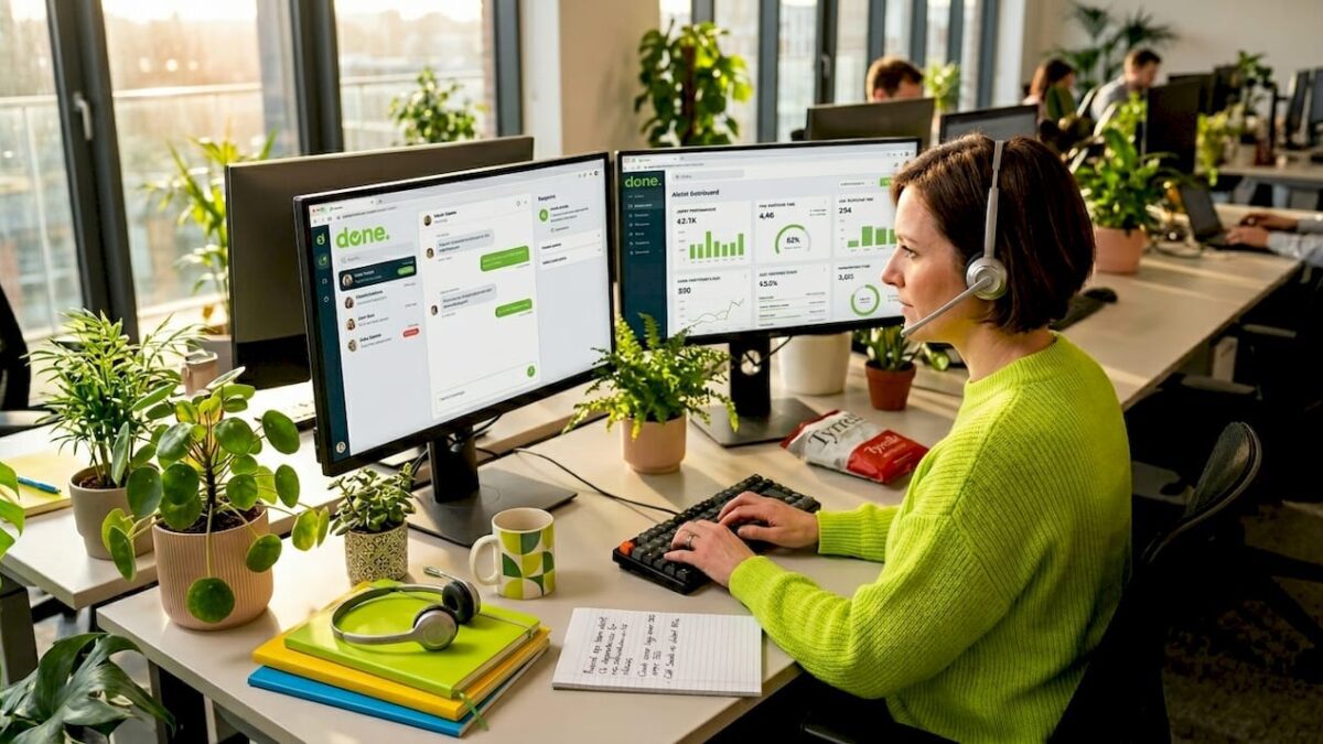 Customer service manager using AI tools at desk