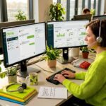 Customer service manager using AI tools at desk