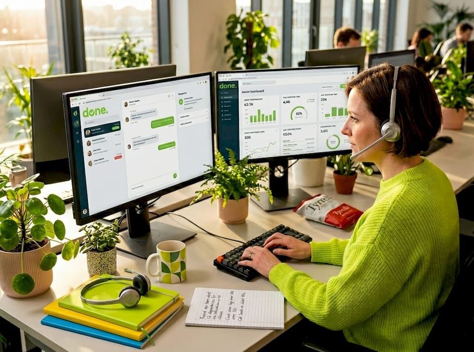 Customer service manager using AI tools at desk