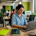 Businesswoman working on AI project in bright Luxembourg office