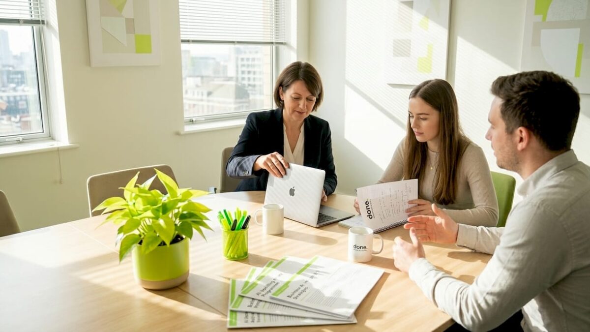 SME team discusses AI training at meeting table