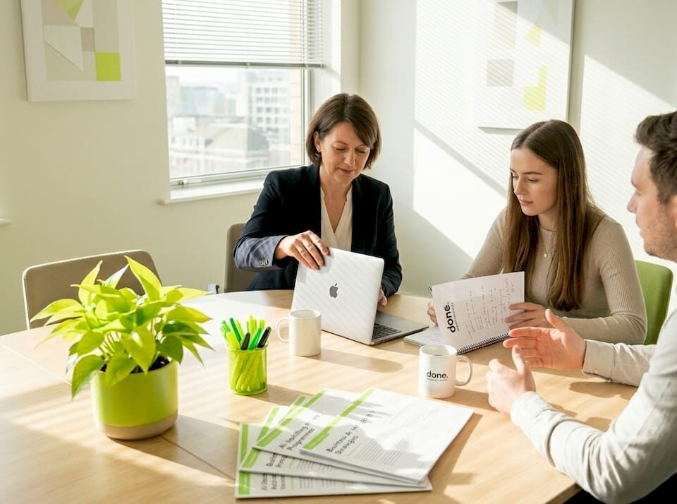 SME team discusses AI training at meeting table