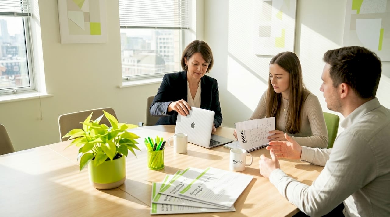 SME team discusses AI training at meeting table