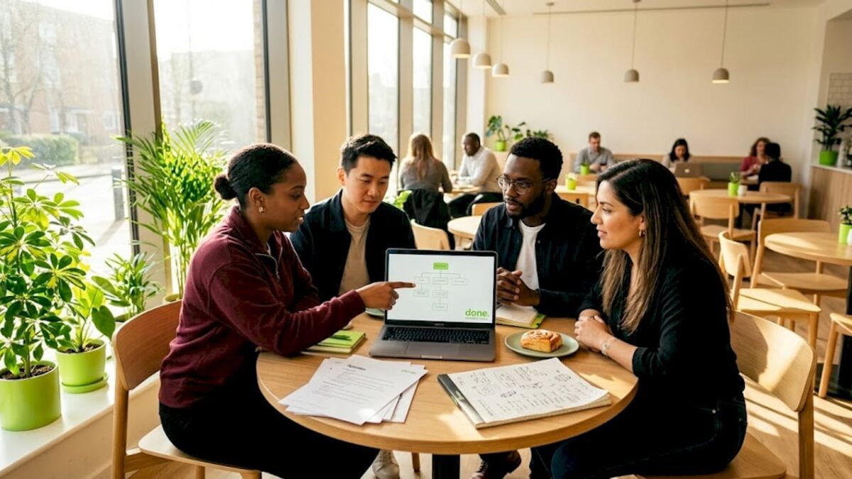 Small business team meeting discusses AI adoption