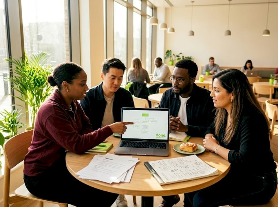 Small business team meeting discusses AI adoption