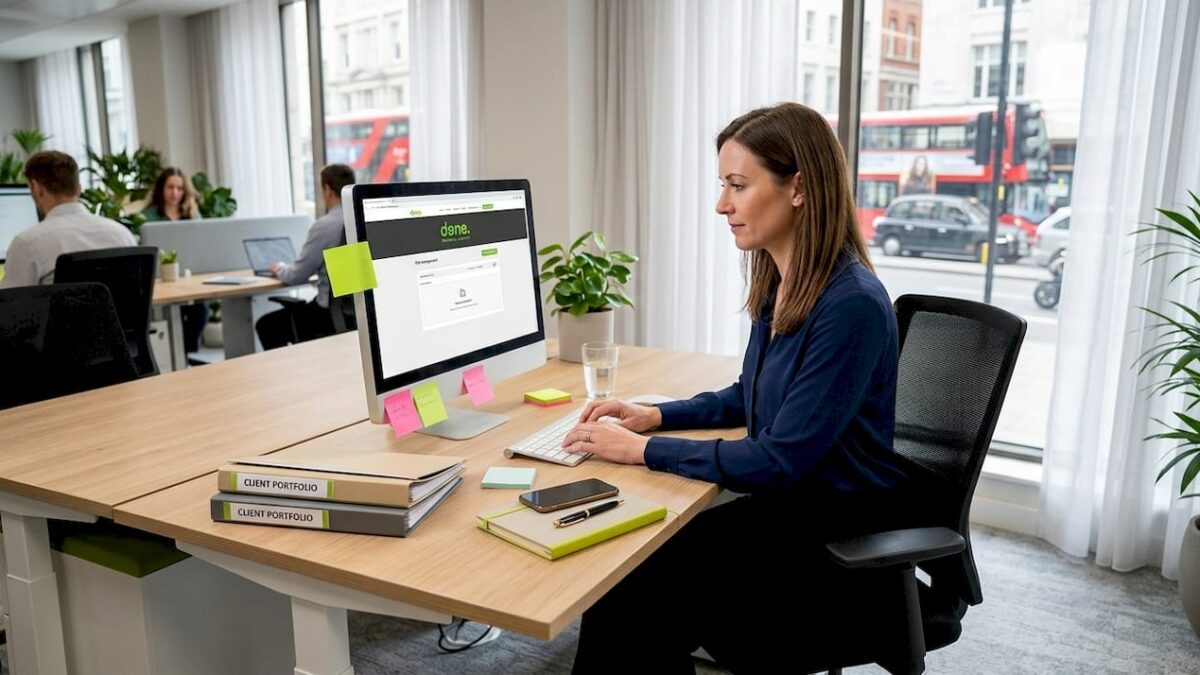 Businesswoman uploads documents at SMB office desk