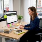 Businesswoman uploads documents at SMB office desk