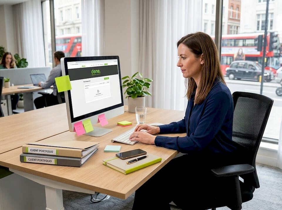 Businesswoman uploads documents at SMB office desk