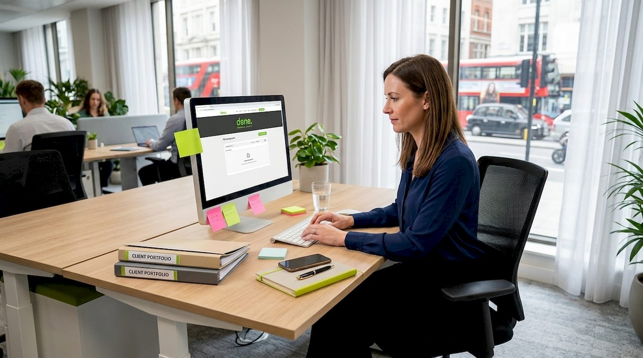 Businesswoman uploads documents at SMB office desk