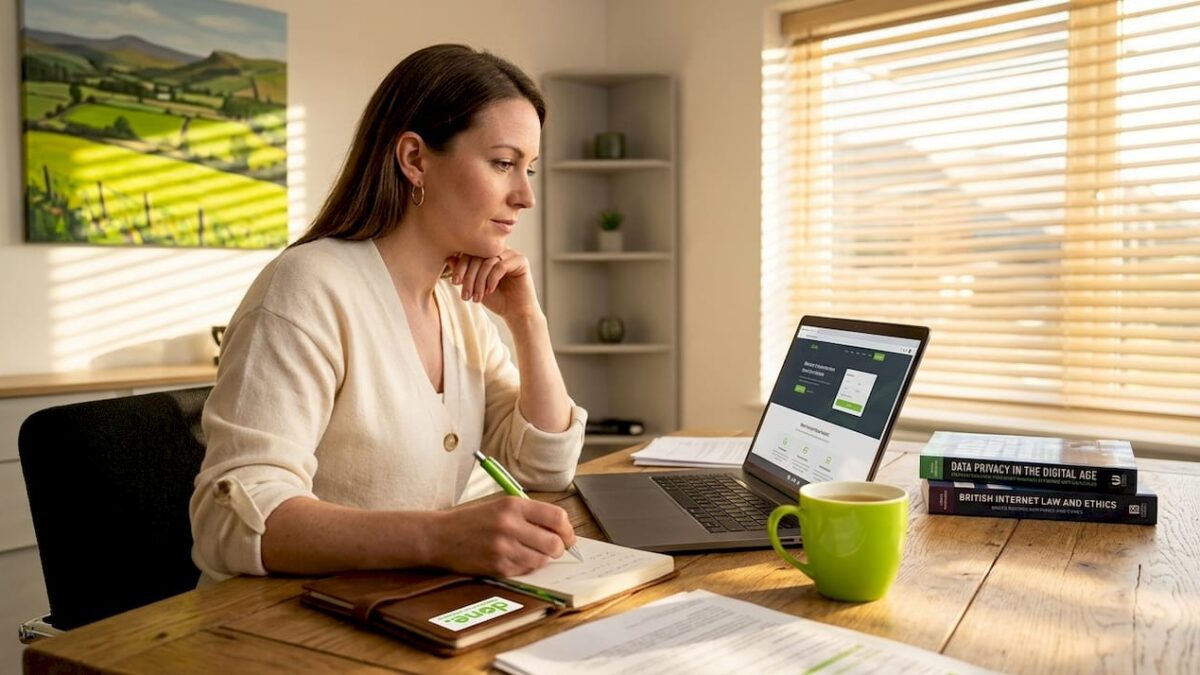 Woman working on confidential data safeguarding in home office