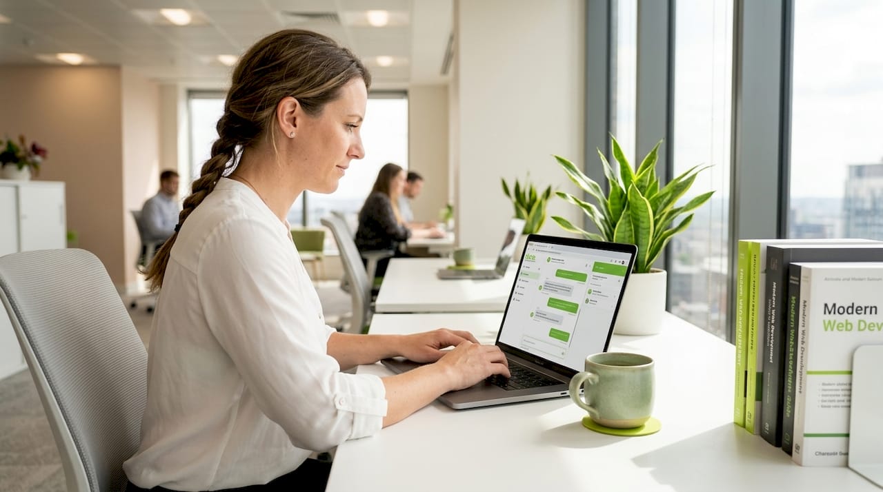 1779504421788_Woman-working-on-AI-customer-support-chatbot Woman working on AI customer support chatbot