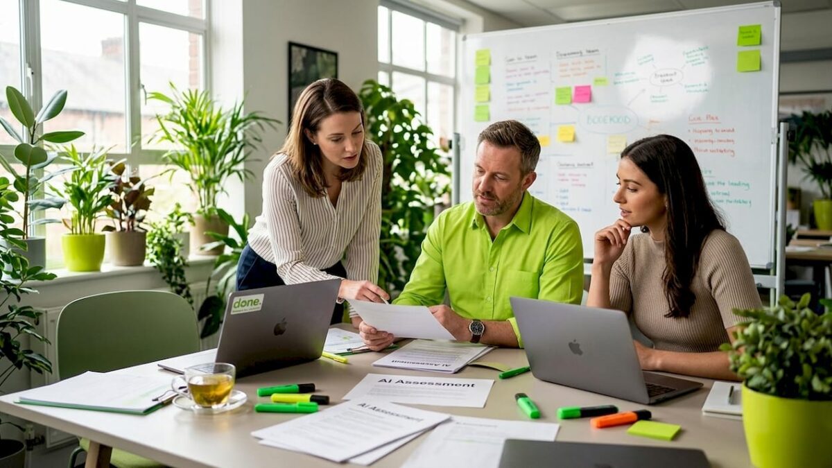 Coworkers discussing AI audit at meeting table