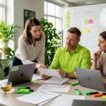 Coworkers discussing AI audit at meeting table
