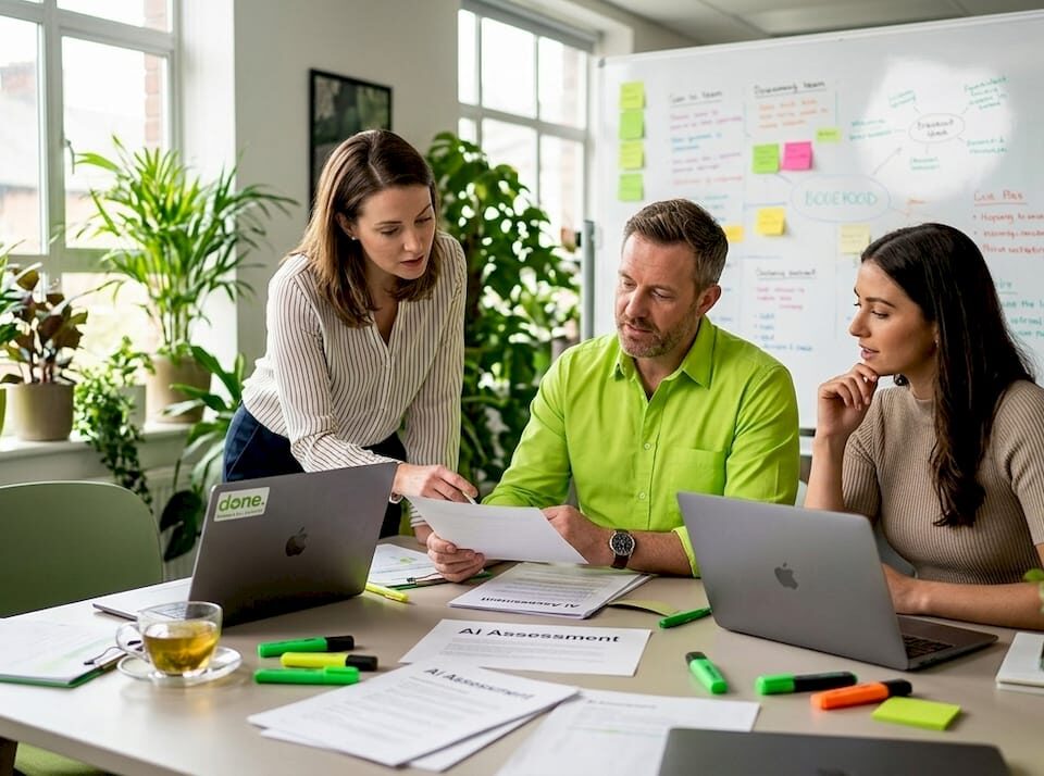 Coworkers discussing AI audit at meeting table