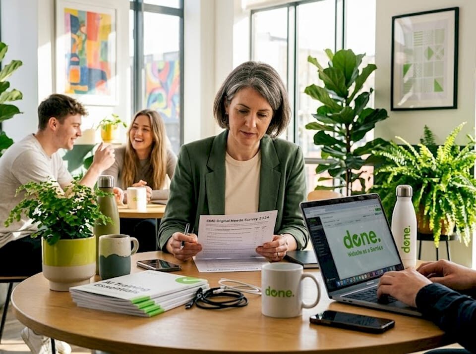 SME manager reviews AI training survey with team
