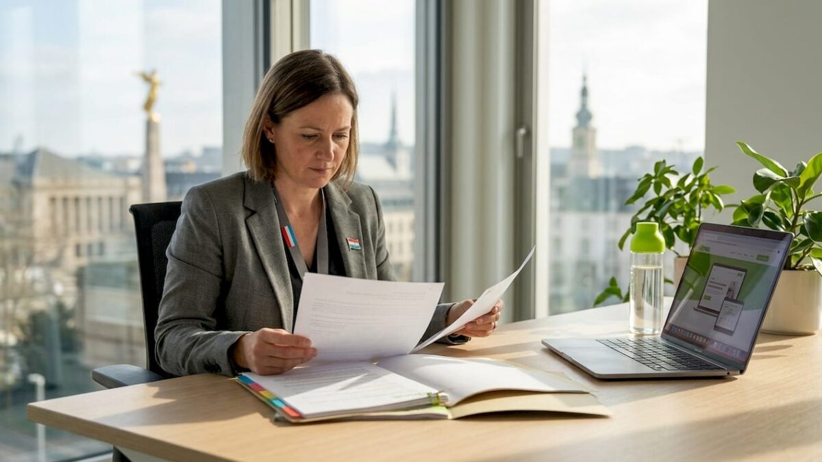 Compliance officer reviews documents in Luxembourg office