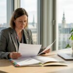 Compliance officer reviews documents in Luxembourg office