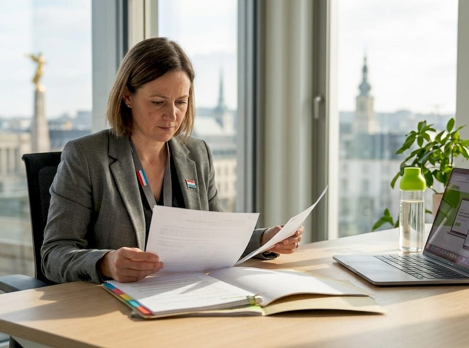 Compliance officer reviews documents in Luxembourg office