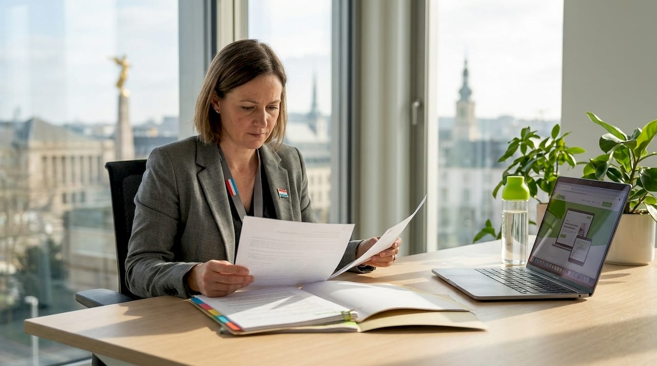 Compliance officer reviews documents in Luxembourg office