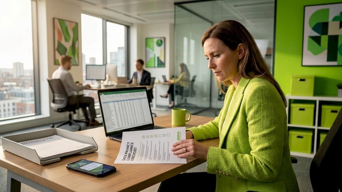 SME leader reviews privacy checklist at office desk