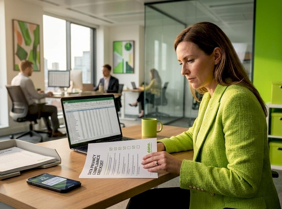 SME leader reviews privacy checklist at office desk