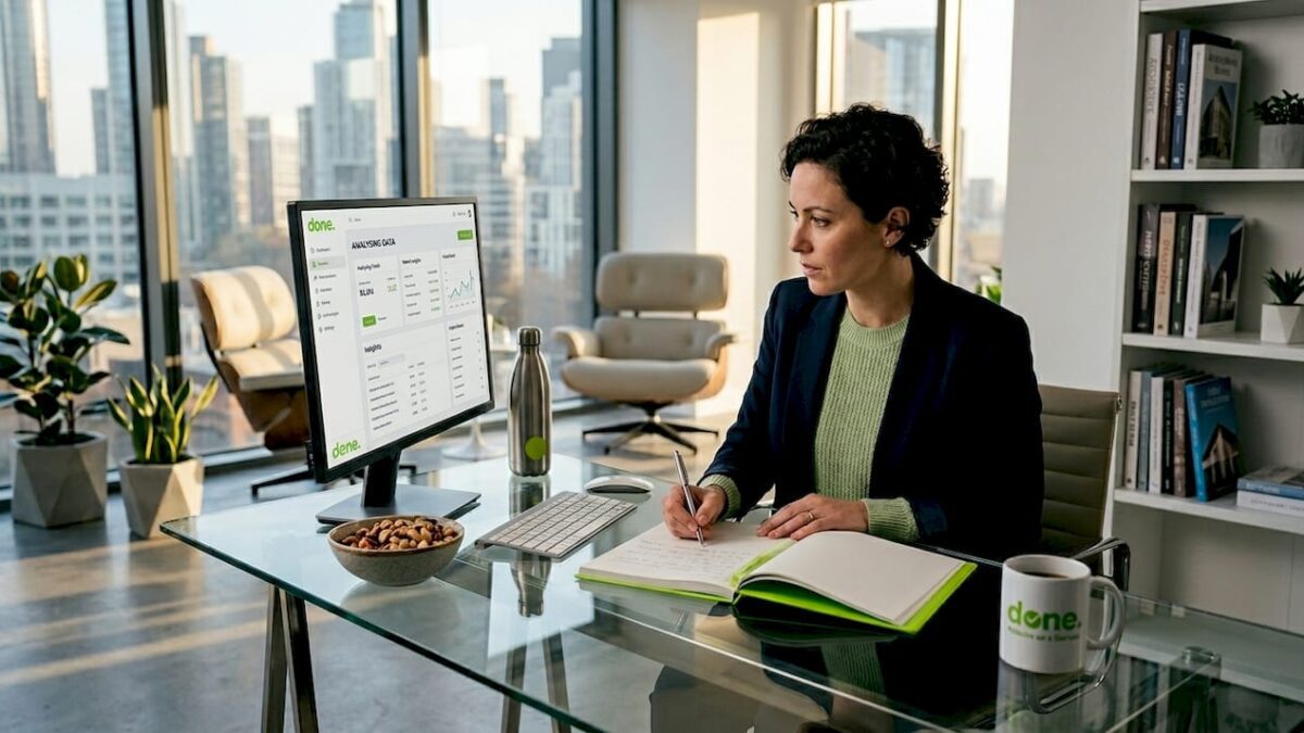 Small business owner using local AI at desk