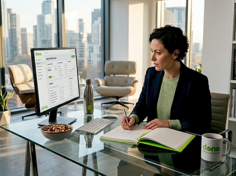 Small business owner using local AI at desk