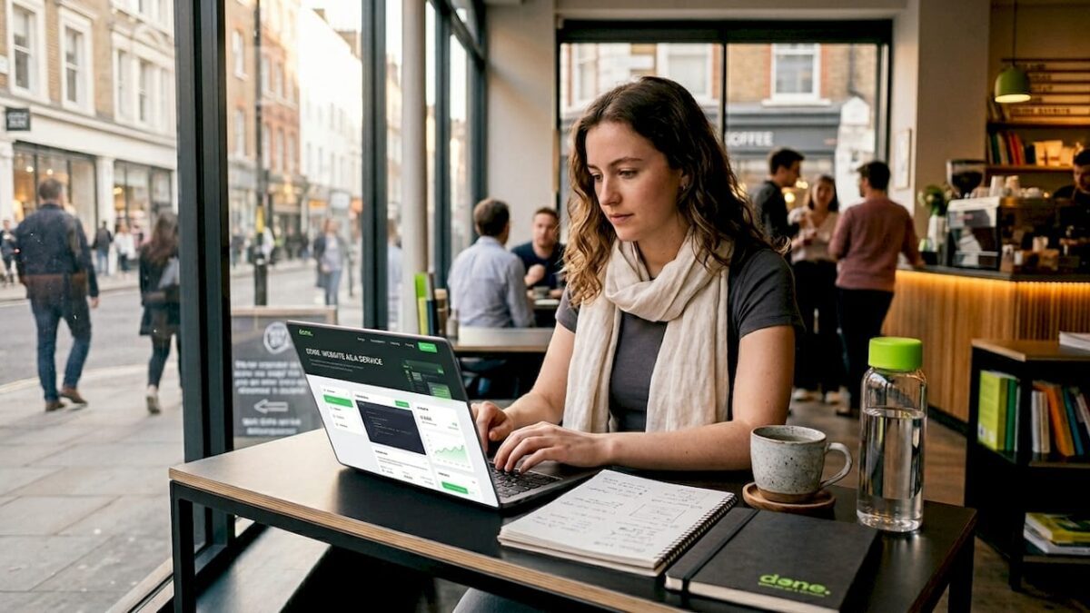 Web designer working on laptop in home office
