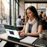 Web designer working on laptop in home office