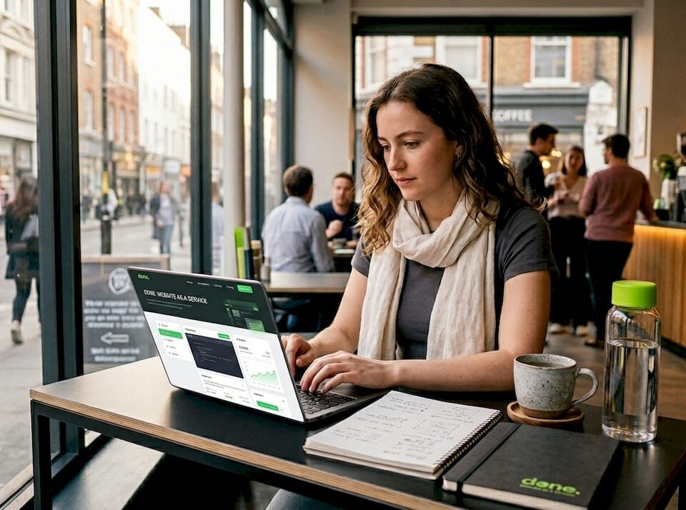 Web designer working on laptop in home office
