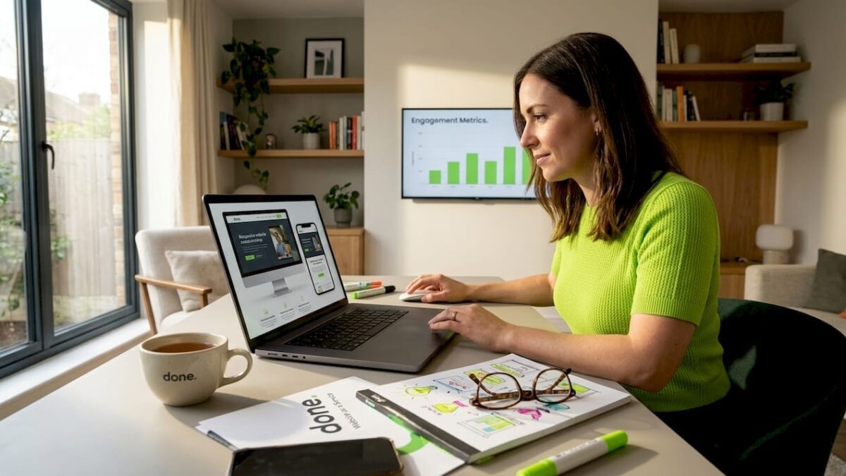 Businesswoman reviewing responsive website on laptop