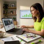 Businesswoman reviewing responsive website on laptop