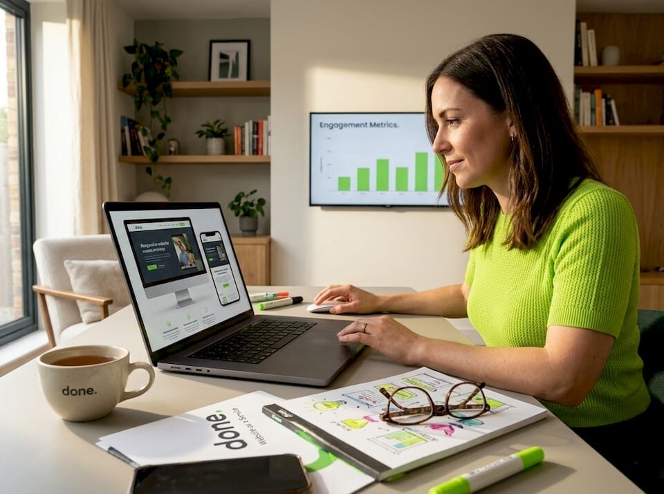 Businesswoman reviewing responsive website on laptop