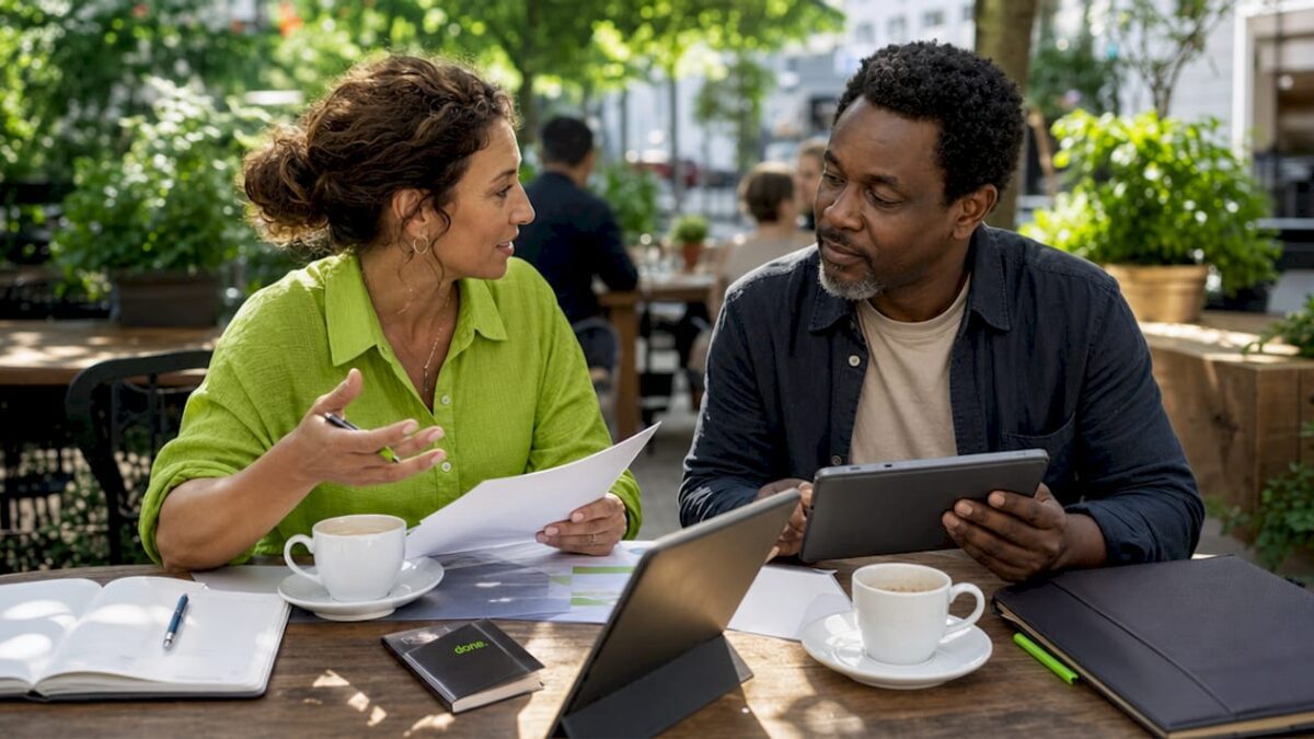 Small business owners discussing branding strategy