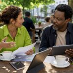 Small business owners discussing branding strategy