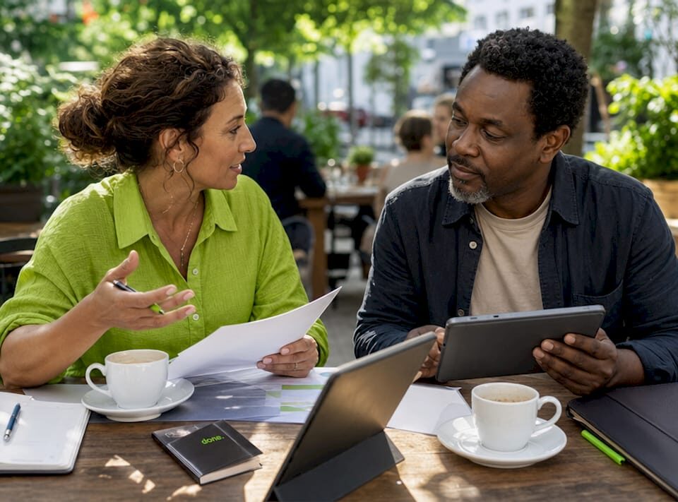 Small business owners discussing branding strategy