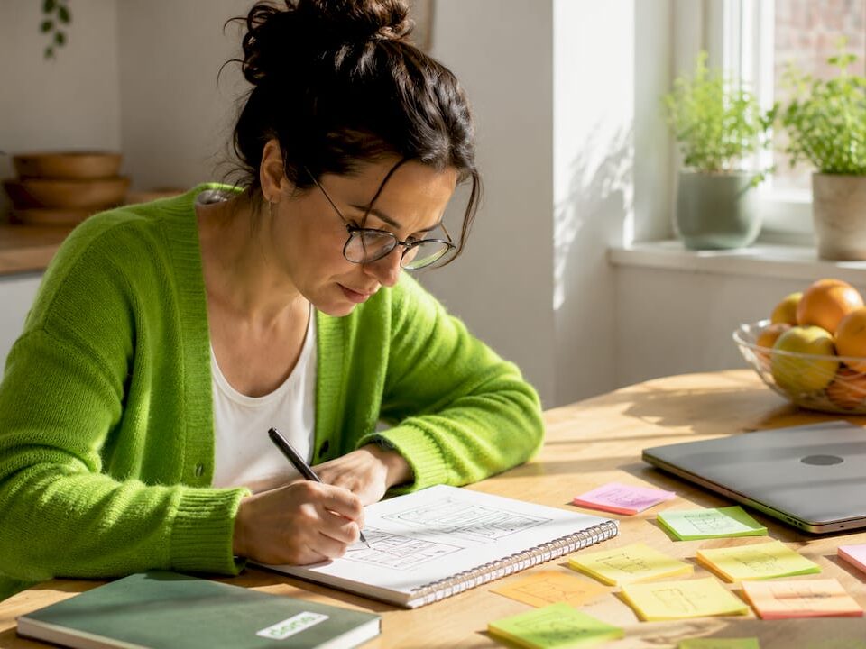 UX designer sketching wireframes at home office