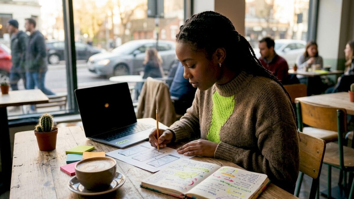 Designer reviewing mobile-first wireframes at home office