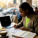 Designer reviewing mobile-first wireframes at home office