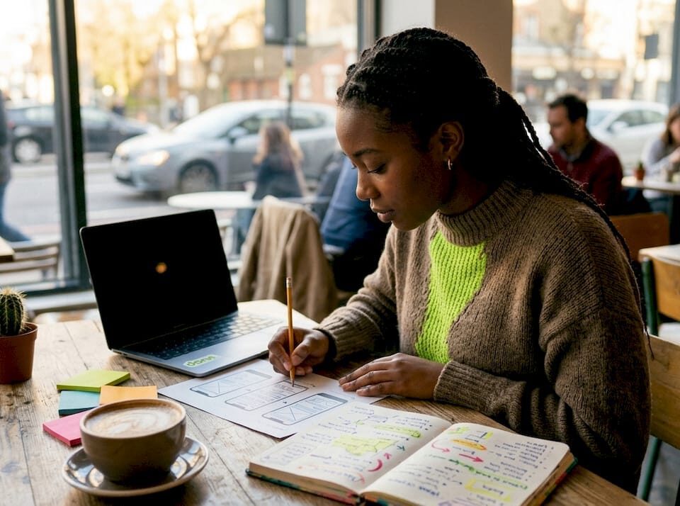 Designer reviewing mobile-first wireframes at home office
