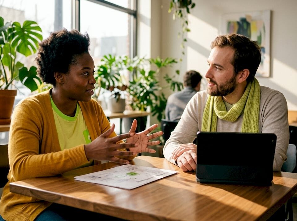 Business owner and agency consultant discussing strategy